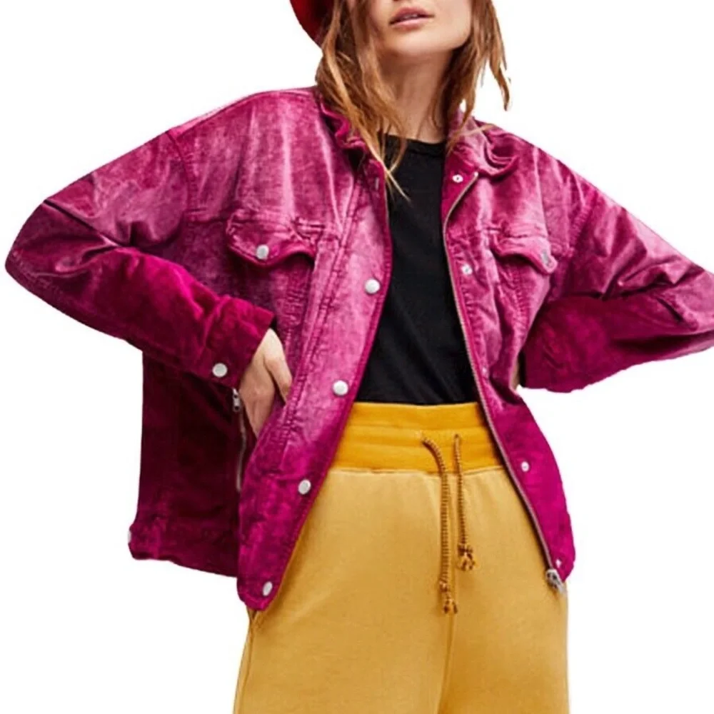 Free People Magenta Velvet Bomber Jacket - Picture 5 of 16